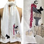 Cream Knit Scarf Patchwork Embroidery Traveling Lady with Scottie Dog Luggage Black Photo 1