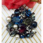 Vintage Mid Century Rhinestone & Faux Pearl Brooch Pin Silver Tone Floral 2" Black Photo 2