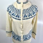 Vintage Cardigan Handmade Knit Fairisle Acrylic Jeanne Legpage Ivory Blue Winter Photo 2