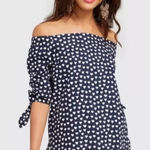 Draper James  Heart Field Lennox Off The Shoulder‎ Blouse Navy White Large Photo 0