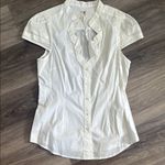 Anthro Cream Ruffled Mandarin Collar Blouse Modern button down Casual Top White Size 10 Photo 0