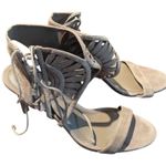 Tory Burch  Light Gray Suede Fringe Lace-Up Heeled Sandals 8.5M Leather Sole Photo 1
