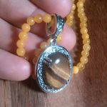 Tiger's Eye Stainless Steel Pendant Necklace with Beaded Yellow Quartzite Photo 1