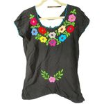 Mexican Hand Embroidered Top Medium Black Blouse Flowers Peasant Boho Artsy Cool Photo 0