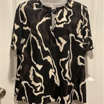 Nine West  Womens Black White Abstract Print Short Sleeve Tie Neck Blouse Top XL Photo 0