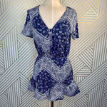 Tularosa  Romper‎ V-neck Short Sleeve Blue Bandana Print Ruffle Size Small Photo 1