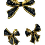 Vintage Gold Tone & Black Enamel Set Clip On Earrings Brooch Set Estate Jewelry Photo 0