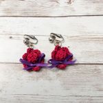 Vintage Clip On Earrings Knitted? Hat Dangle Red & Purple Photo 2