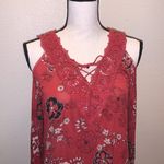 Time And Tru  red rum floral lace up open shoulder blouse Photo 1