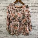 J.Jill Women’s  100% linen pink & green floral tropical cream print blouse Small Photo 0