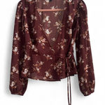 Forever 21 Burgundy Floral Fit and Flare Wrap Tie Blouse Peplum Long Sleeve Size Small Photo 0
