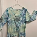 One World  Green and Blue Floral Rhinestone Embellished Long Sleeve Top Photo 8