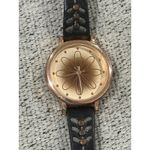 Womens Accutime Gold Tone Floral Watch Black Leather Strap Detail Photo 4