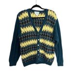 IZOD VINTAGE Hand Knit Cardigan Sweater Women XL Multicolor Chevron Weave Preppy Photo 0
