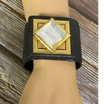 Michael Kors  Wide Black Leather Clear Crystal Click Close Wrap 6 1/2" Bracelet Photo 0