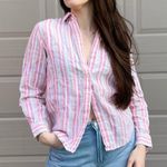 Ralph Lauren 100% Linen Coastal Beachy Striped Button Down Summer Shirt Small Pink Photo 6