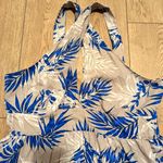 BCBGMAXAZRIA π Womens XL Linen Blend Criss Cross Halter Dress Blue Tan Tropical Photo 1