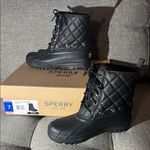 Sperry Black Gosling Duck Boots Size 7 Waterproof Rubber Quilted Fleece Lined Photo 1