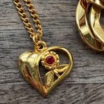 Avon Heart necklace and chain link pierced earrings set red ruby garnet gem VTG Gold Photo 1