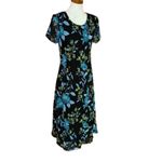 Vintage Black Floral Midi Dress Blue Green Flower Print Short Sleeve Size 12 Photo 1