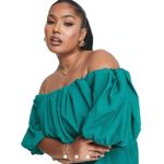 ASOS NWT Design Curve Emerald Green MIDI Dress Off Shoulder Puff Sleeve 18 Green Photo 3
