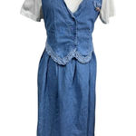 Vtg 90s Alexandra Lee‎ Denim Prairie Jumper Dress Lace Trim Tie Back Women's XL Blue Photo 0