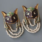 Vintage Style Egyptian Cat Earrings – Bold Statement with Faux Pearl Beads new‎ Photo 0