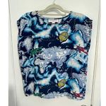 Vintage Van MacDowell Silk Blouse Medium Blue Hot Air Balloons Map Clouds 80s Photo 0
