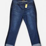 Suzanne Betro Blue Straight Leg Jeans with raw Hem and black track pants lines Photo 0