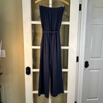 ZESICA Women's Navy Strapless Belted Wide Leg Jumpsuit Photo 5