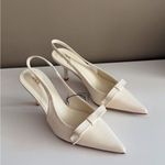 ZARA  NWT off white ivory cream bow sling back faux patent kitten heels Photo 11