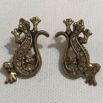 Brass Antique Gold Bronze Tone Lizard Earrings Light Salmon Rhinestones Orange Photo 0