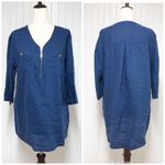 Ellen Tracy 100% Linen Navy Blue Tunic Top Roll Tab Sleeve V-Neck Size Medium Photo 1
