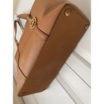 Michael Kors Tote Bag Cognac Leather Gold Tone MK Logo Shoulder Bag Laptop Carry Photo 3