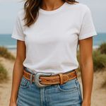 Tony Lama  tan leather tooled belt with silver etched design buckle! New!! Photo 0