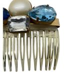 Vintage Hair Comb Gold Tone Faux Pearl Clear Blue Rhinestones Made in Italy Photo 2