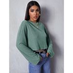 SheIn Medium Cropped Long Sleeve green ribbed tee round neck bishop sleeves​ Photo 1