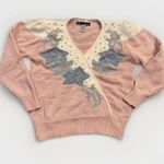 VTG Dana Scott Sweater Silver Beads Metallic Thread Pink Blue Fuzzy V Photo 0
