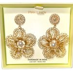 Pink Linen Bohemian Floral Studded Gold Tone Drop Earrings With Pearl Detail NEW Tan Photo 1
