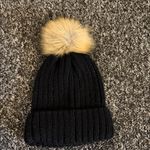 FURTALK Women's Black Knit Beanie with Tan Pom Pom Photo 1