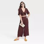 A New Day  Linen Blend Flutter Sleeve Tie Front Crop Shirt Brown Burgundy XS Photo 1