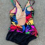Vintage 80s 90s Neon Tropical One Piece Scoop Back Swimsuit Blue Size 16 Photo 2