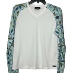 Athleta  White V Neck Long Sleeve with Floral Print Sleeves Medium Photo 0