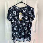 Ellen Tracy Dusty Floral Navy Hi-Lo Tunic/blouse Soft Knit Short Sleeve ≠SIZE S Photo 2