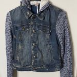 Free People distressed denim jacket knitted sleeves hood XS Excellent Condition Photo 6