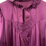 Vtg LORRAINE Size M Nightgown Burgundy Satin Silky Romantic Ruffle Neck Keyhole Photo 3