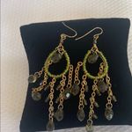 Green and Gold Beaded Dangle Chandelier Drop Earrings Photo 0