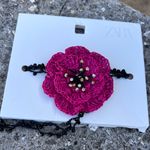ZARA  Raffia Pink Magenta Flower Black Glass Bead Choker Necklace Photo 3