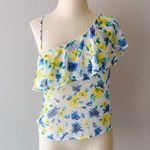 ZARA Women's Yellow Blue Floral Ruffle Tiered Sheer One-shoulder Top Size XS Photo 0