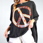 easel Oversized Melange Dolman Top Peace Sign Patch Black 1X Photo 0